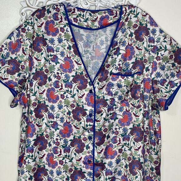 SUMMERSALT size LARGE Pajama Set Button up Short Sleeves Shorts BLUE Red Floral - Picture 4 of 16